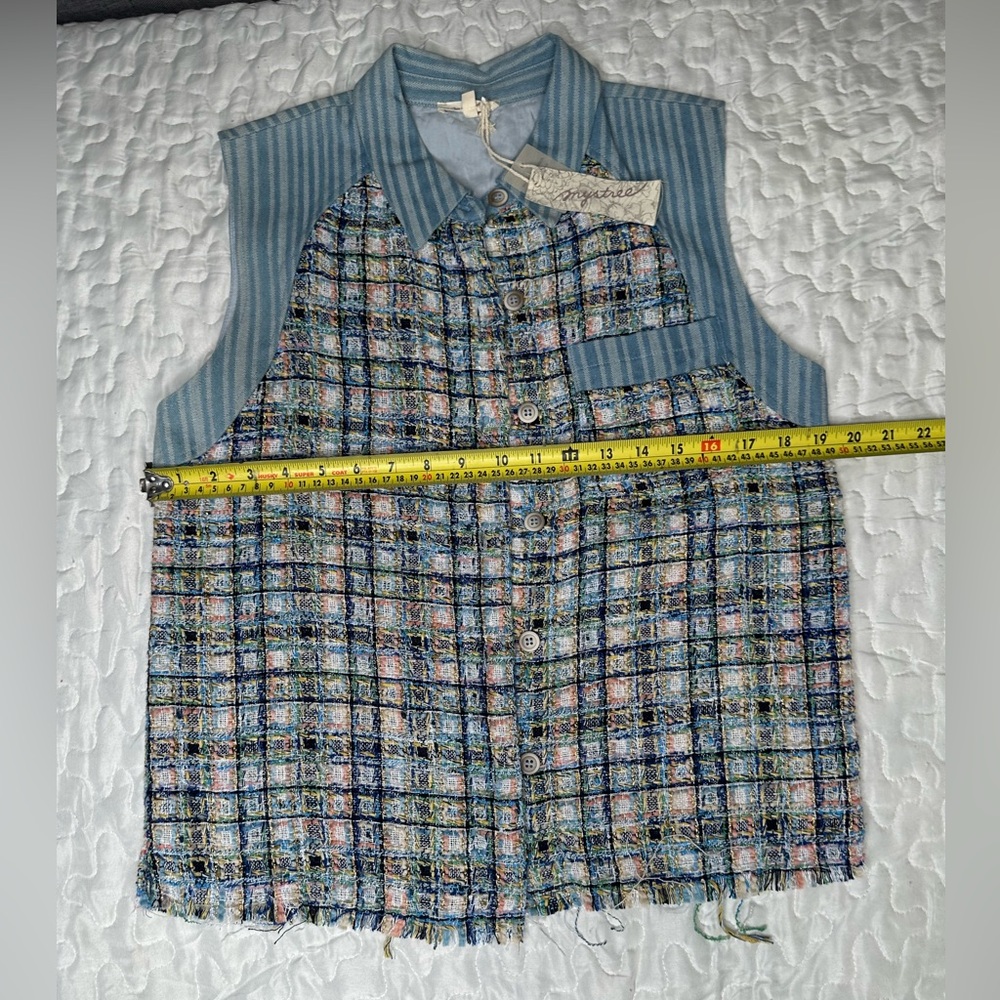 Mystree Tweed Sleeveless Vest NWT Boho Chic Cottagecore Raw Hem Button-Up Top S - Picture 11 of 14